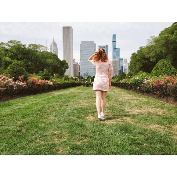 CINQ A SEPT Pink White Tropical Leaves Cotton Blend Phoenix Madison Dress sz 14 - Picture 13 of 13